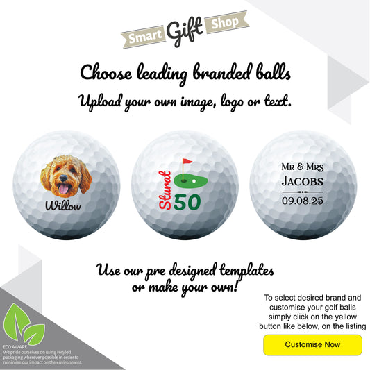Personalised Branded 9 Golf Ball Set in Customised Box - Golfer's Gift, Father's Day, Wedding Favour, Birthday, Valentines, Pet Photo Text Logo